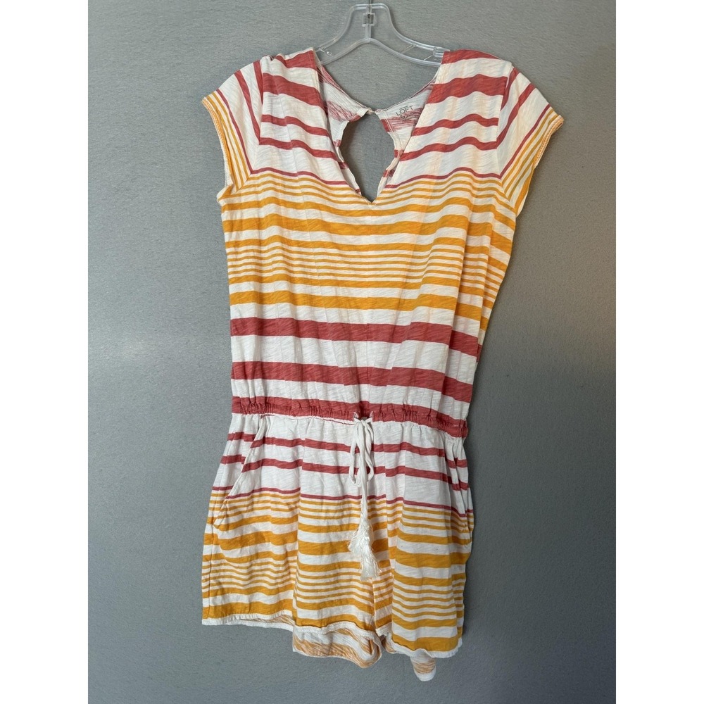 Ann Taylor LOFT Romper Womens S Multicolor Stripe V Neck Tassel Waist Pockets